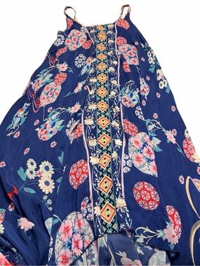 Johnny Was Navy Floral Boho Dress with Embroidered Trim